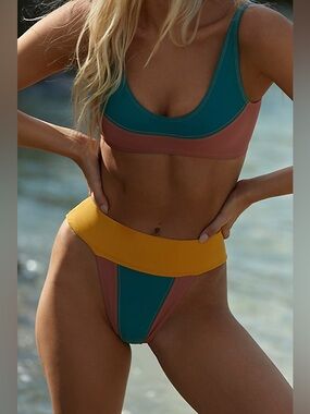 Free People Teal, Rust & Mustard Colorblock Bikini Set